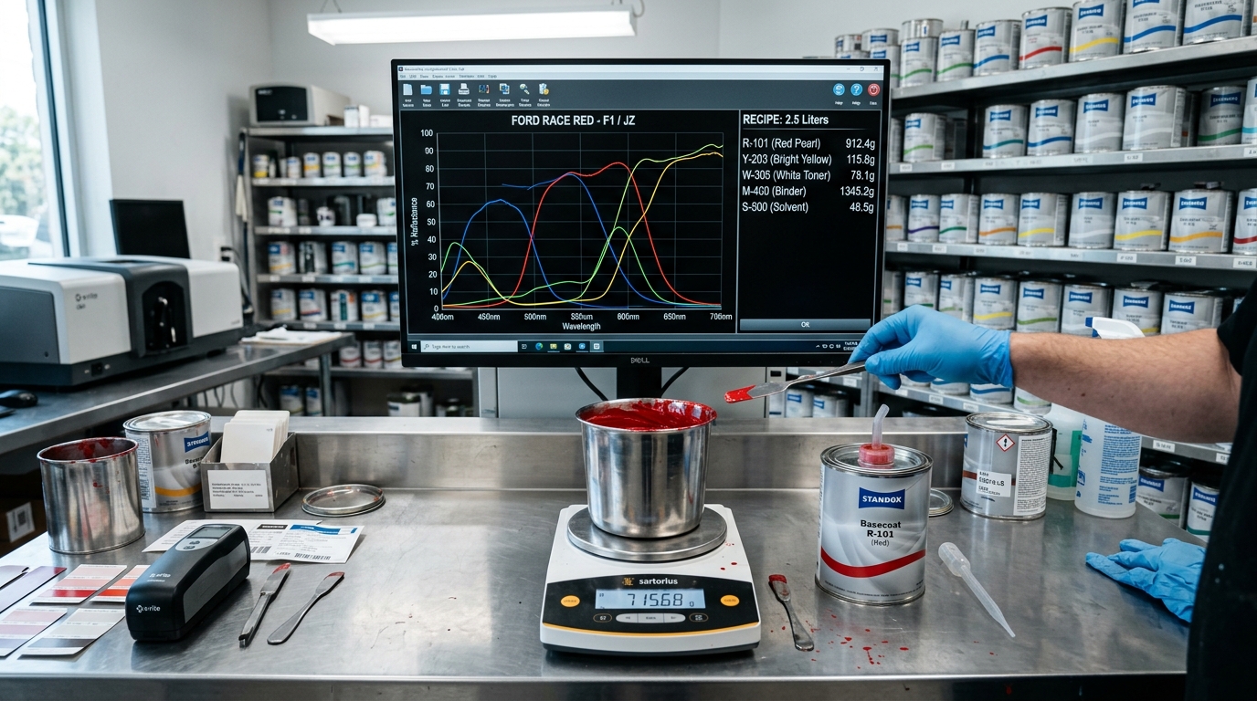 Laboratório de tintas com curvas de espectro na tela e balança de precisão para dosagem micrométrica