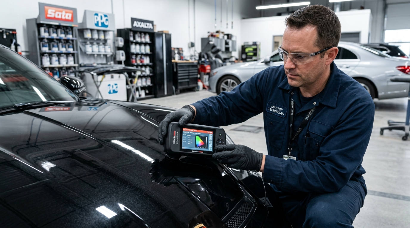 Técnico especialista posicionando espectrofotômetro digital sobre o capô para ler a fórmula exata da tinta