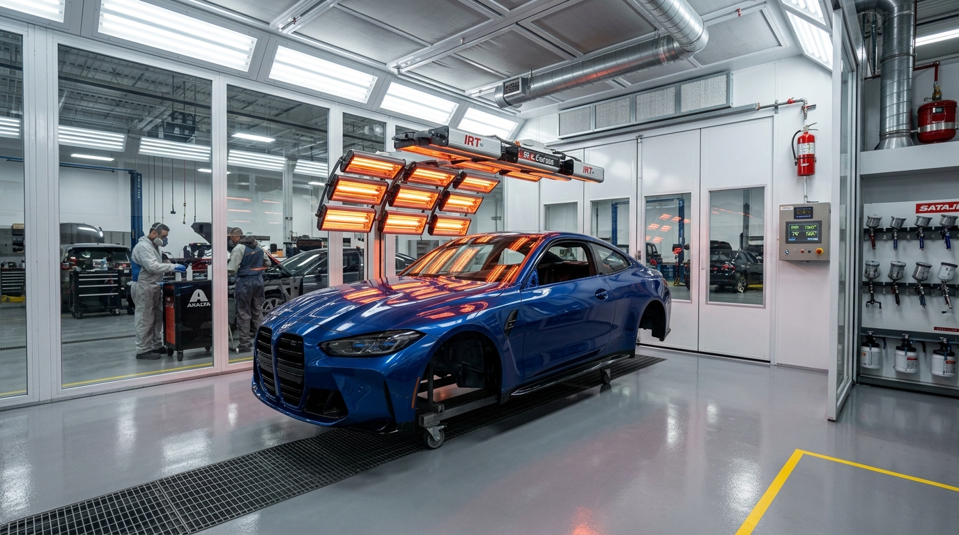 Carro na cabine estufa climatizada com sistema de aquecimento e iluminação técnica profissional