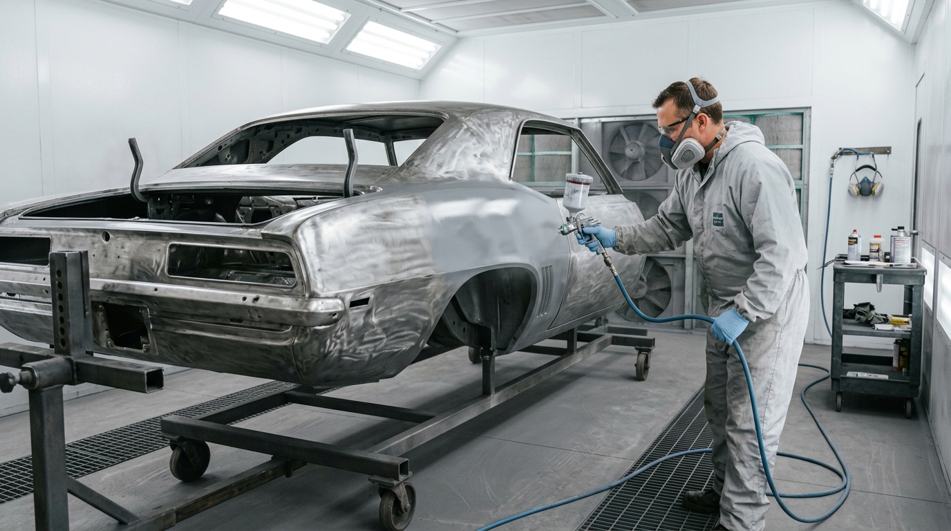 Técnico aplicando primer epóxi protetor em chapa decapada de carro clássico vintage em estufa