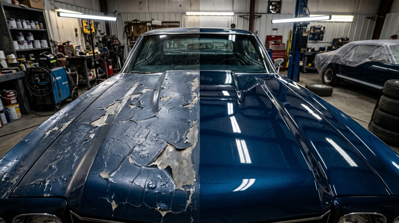 Comparativo de capô de carro mostrando pintura descascada e rachada de um lado versus restauração profunda e brilhante do outro