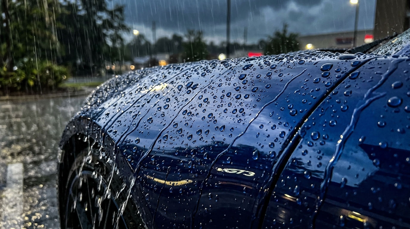 Gotas de água formando esferas perfeitas sobre pintura metálica com proteção hidrofóbica de alta performance